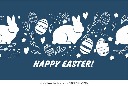 vector pattern of happy easter white rabbit on blue background