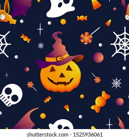 Vector pattern of Happy Halloween with candy, pumpkin in hat, ghost, bat, skull, spider web, on dark blue background
