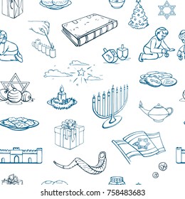 Vector pattern of happy Hanukkah. Symbols of a Jewish holiday of candles, hand drawings on a white background