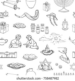 Vector pattern of happy Hanukkah. Symbols of Judaism on a white background