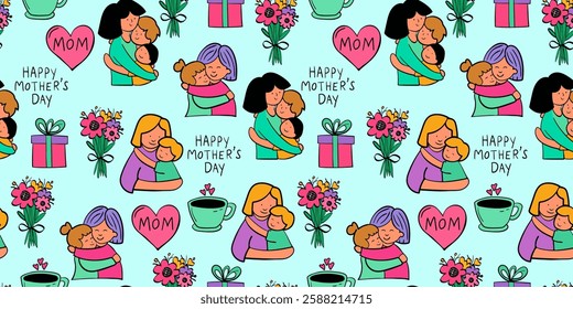 vector pattern happy mother's day, mothers hugging with children sons and daughters. moms hearts flowers gift cup of tea, pastel rich colors, minimalist drawn doodle style, web blue background