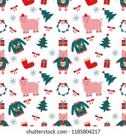 Vector pattern for Happy New Year. Art  can be used for invitation, postcard, poster, wallpaper, holiday packing. Christmas symbol: tree, santa, gift, pig, sock, dear, snowflake, pig, mistletoe. 