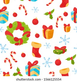 Vector pattern of Happy New Year and Christmas Day. Vector seamless pattern. Perfect for fabric, wallpaper, textile, wrapping paper or nursery decor