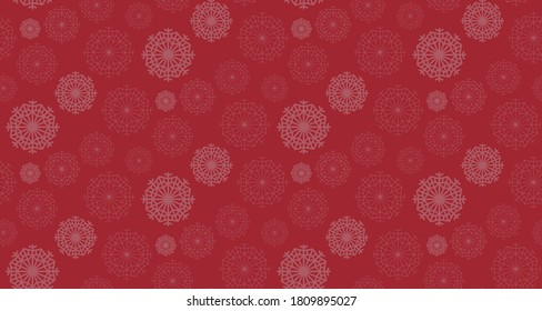 Vector pattern in happy new year red color. Pattern with white snowflakes on red background. Vector background for textile, packaging, interior. Happy new year and Christmas style