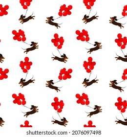 vector pattern with a happy running dachshund dog with red balloons tied to it, on a white background