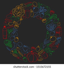 Vector pattern with healthy food. Fruits and vegetables. Milk, dairy products. Pattern for store, mall, menu, cafe, restaurants.