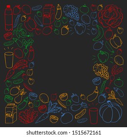 Vector pattern with healthy food. Fruits and vegetables. Milk, dairy products. Pattern for store, mall, menu, cafe, restaurants.