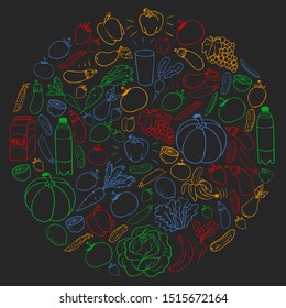 Vector pattern with healthy food. Fruits and vegetables. Milk, dairy products. Pattern for store, mall, menu, cafe, restaurants.