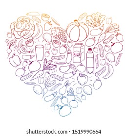 Vector pattern with healthy food. Fruits and vegetables. Milk, dairy products. Pattern for store, mall, menu, cafe, restaurants.