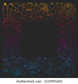 Vector pattern with healthy food. Fruits and vegetables. Milk, dairy products. Pattern for store, mall, menu, cafe, restaurants.