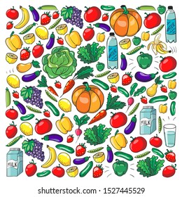 Vector pattern with healthy food. Fruits and vegetables. Milk, dairy products. Pattern for store, mall, menu, cafe, restaurants.