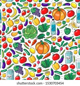 Vector pattern with healthy food. Fruits and vegetables. Milk, dairy products. Pattern for store, mall, menu, cafe, restaurants.