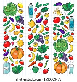 Vector pattern with healthy food. Fruits and vegetables. Milk, dairy products. Pattern for store, mall, menu, cafe, restaurants.