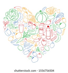 Vector pattern with healthy food. Fruits and vegetables. Milk, dairy products. Pattern for store, mall, menu, cafe, restaurants.