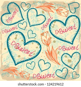 Vector pattern with heart, words and the tulips/ floral vintage background