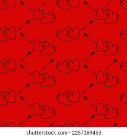 Vector pattern with hearts and arrows. Hearts and arrows on a red background. Vector seamless pattern.