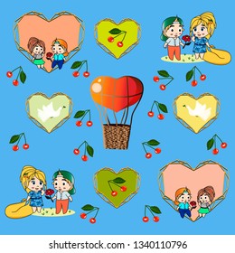 Vector pattern with hearts, balloon, 
sweet cherries,  colorful hearts and cartoon couple of lovers. Colorful design for textile, wallpaper, fabric, decor. Valentines day.