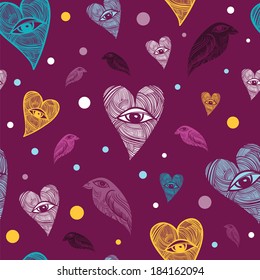 Vector pattern with hearts and birds. Heart with eye.