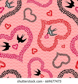 Vector pattern with hearts and birds on pink background. Seamless pattern can be used for wallpaper, pattern fills, web page background,surface textures.