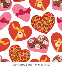 Vector pattern with hearts, chocolate and candy boxes. Seamless design for love and dessert-themed projects. Suitable for fabric prints, product packaging, flyers and event decorations.