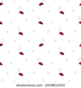 Vector pattern with hearts and ladybugs for valentine's day on white background