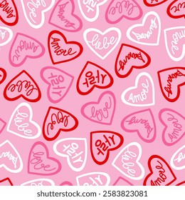 Vector pattern of hearts in pink, red and white colors and written love in different languages.