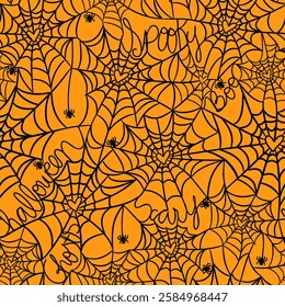 Vector pattern of heart-shaped spider webs,Halloween writing on an orange background