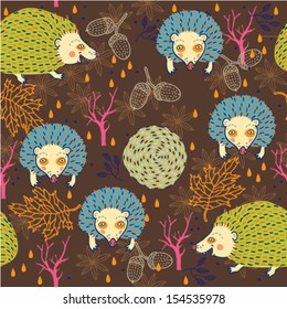 Vector pattern of hedgehogs chilling in autumn forest.