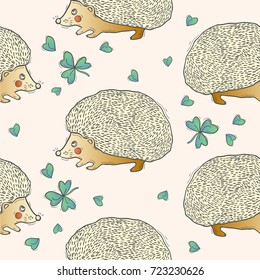 Vector pattern with hedgehogs and clover. For print and children's textiles.