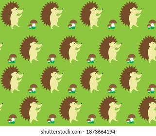 Vector pattern with hedgehogs and mushrooms on a green background.
