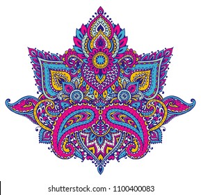 Vector pattern of henna floral elements based on traditional Asian ornaments. Paisley Mehndi Tattoo Doodle illustration in bright colors.