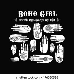 Vector pattern of henna hands. Mehndi set. Boho girl print design. Henna tattoo collection. Hand drawn ornaments, such as flower, eye, mandala, tribal elements, crescent moon, and others