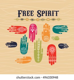 Vector pattern of henna hands. Mehndi set. Free spirit print design. Henna tattoo collection. Hand drawn ornaments, such as flowers, eye, mandala, tribal elements, lotus, and others