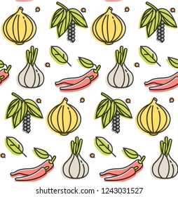 Vector pattern with herbs and spices. Different spices and ingredients icons. Repeating abstract background