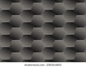 Vector pattern of hexagons and dots of different diameters on a dark background, geometric seamless background.