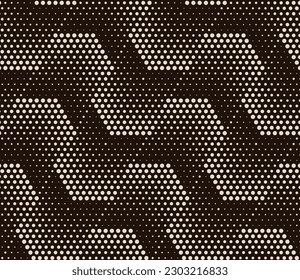 Vektormuster von Hexagonen und Punkten mit unterschiedlichen Durchmessern auf dunklem Hintergrund, geometrischer Hintergrund, es gibt nahtlose Fragmente unter der Beschneidungsmaske.