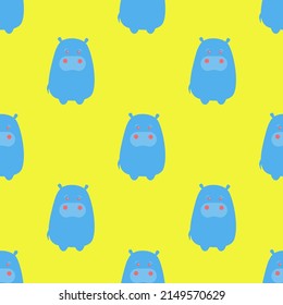 Vector pattern Hippopotamus on yellow background. Cute hippo.  Animal texture for illustrations.