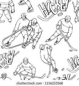 Vector pattern hockey player goalkeeper in sports uniform and inscription letters. Black white outline seamless background. Vintage sportsmans motion with hockey stick and puck in different race.