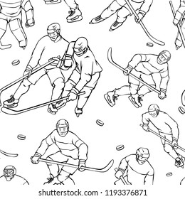 Vector pattern hockey player goalkeeper in sports uniform. Black white outline seamless background. Vintage sportsmans motion with hockey stick and puck in different race.