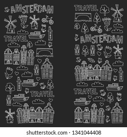Vector pattern with Holland, Netherlands, Amsterdam icons. Doodle style.