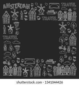 Vector pattern with Holland, Netherlands, Amsterdam icons. Doodle style.