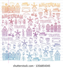 Vector pattern with Holland, Netherlands, Amsterdam icons. Doodle style.