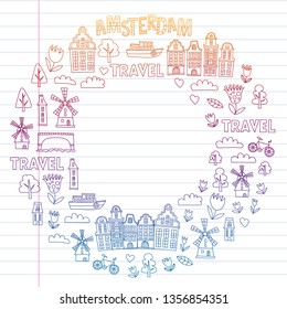 Vector pattern with Holland, Netherlands, Amsterdam icons. Doodle style.