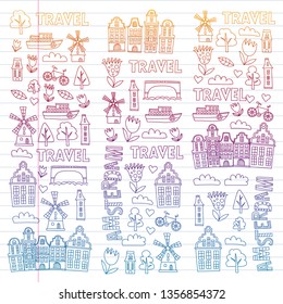 Vector pattern with Holland, Netherlands, Amsterdam icons. Doodle style.