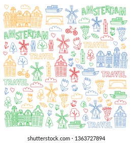 Vector pattern with Holland, Netherlands, Amsterdam icons. Doodle style.