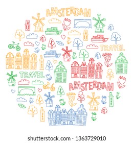 Vector pattern with Holland, Netherlands, Amsterdam icons. Doodle style.