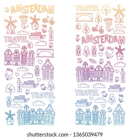 Vector pattern with Holland, Netherlands, Amsterdam icons. Doodle style.