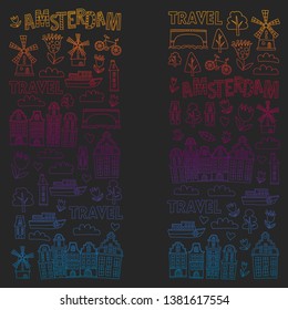 Vector pattern with Holland, Netherlands, Amsterdam icons. Doodle style.