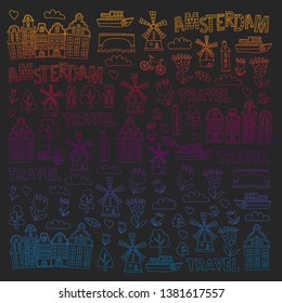 Vector pattern with Holland, Netherlands, Amsterdam icons. Doodle style.