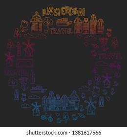 Vector pattern with Holland, Netherlands, Amsterdam icons. Doodle style.